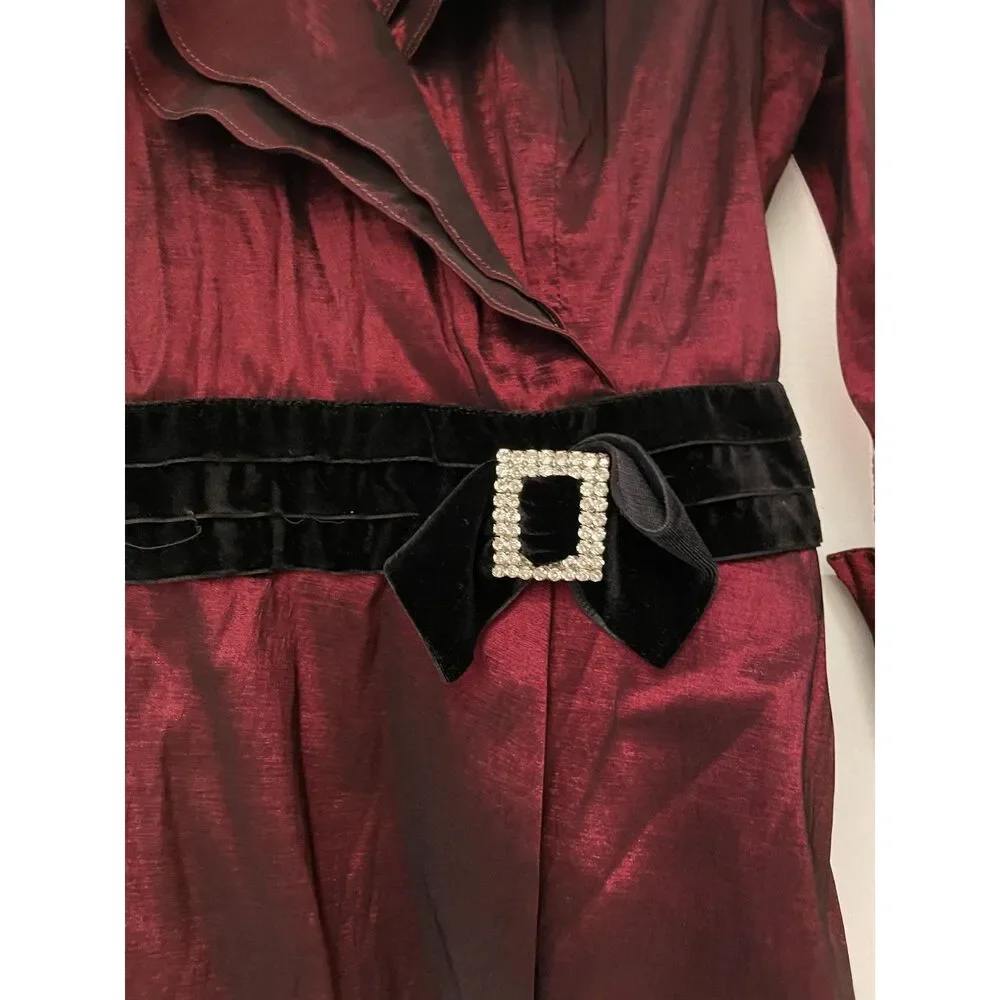Jackie Jon Burgundy Shimmer Ruffle Peplum Blouse vintage Velvet Belt  Size 8